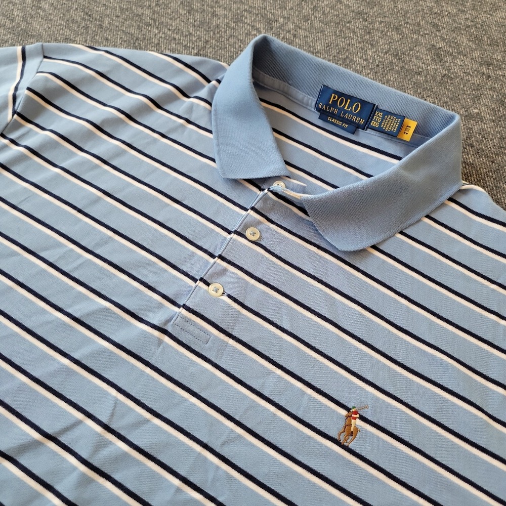 Polo Ralph Lauren Polo Shirt Men 2XL Blue Striped Classic Fit Cotton Casual Pony